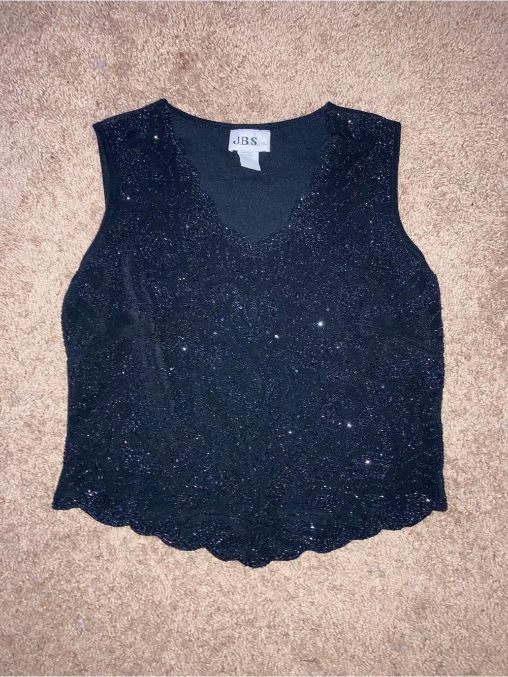 J.B.S. Black Glitter Scalloped V-Neck Sleeveless Top